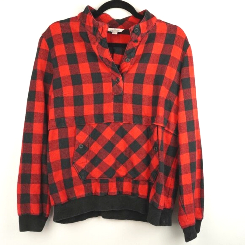 LL Bean Red and‎ Black Buffalo Plaid 1/4 Button Up Pullover Sweatshirt SZ Medium